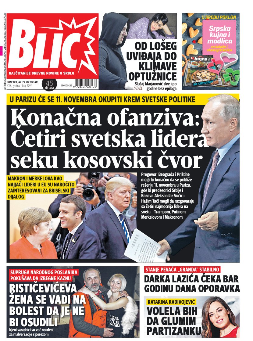 Naslovna strana Blic pon. 30. okt