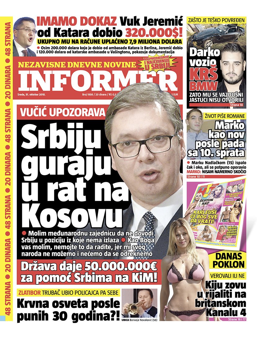 Naslovna strana Informer sreda 31 okt