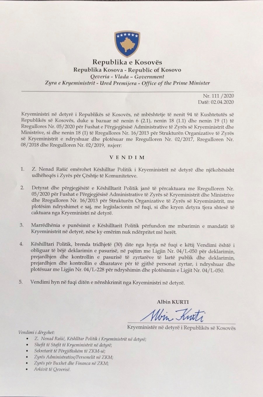 Odluka kosovskog premijeraa