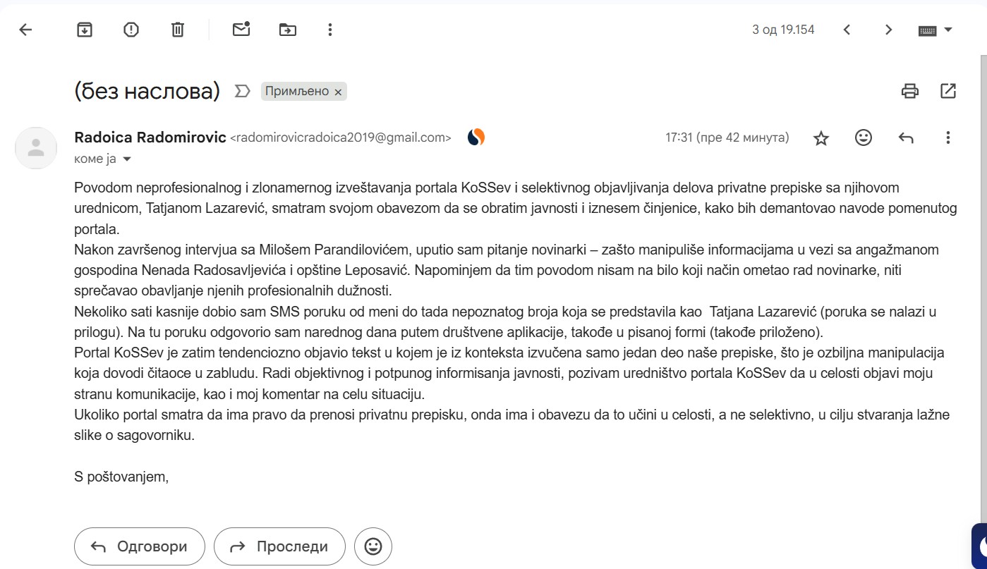 Radomirović Accuses KoSSev of Malicious Reporting