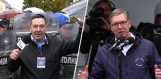 Vučić: „Da dođu na vlast, priznali bi Kosovo“, za to vreme Šarović pokušava da mu priđe ali policija ne da FOTO: Vučić Šarović